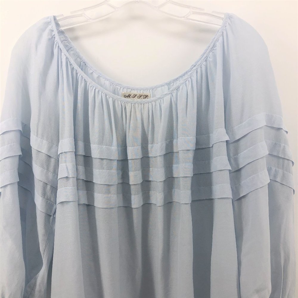 MAX STUDIO Peasant Ruffle Long Sleeve Blouse Blue - Picture 2 of 7